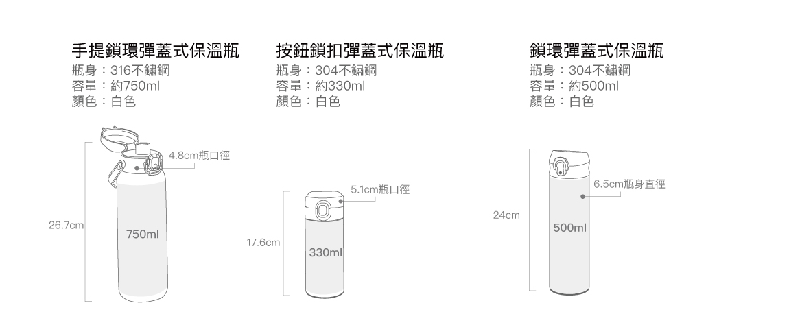 彈蓋式不鏽鋼保溫瓶(手提鎖環/按鈕鎖扣/鎖扣)